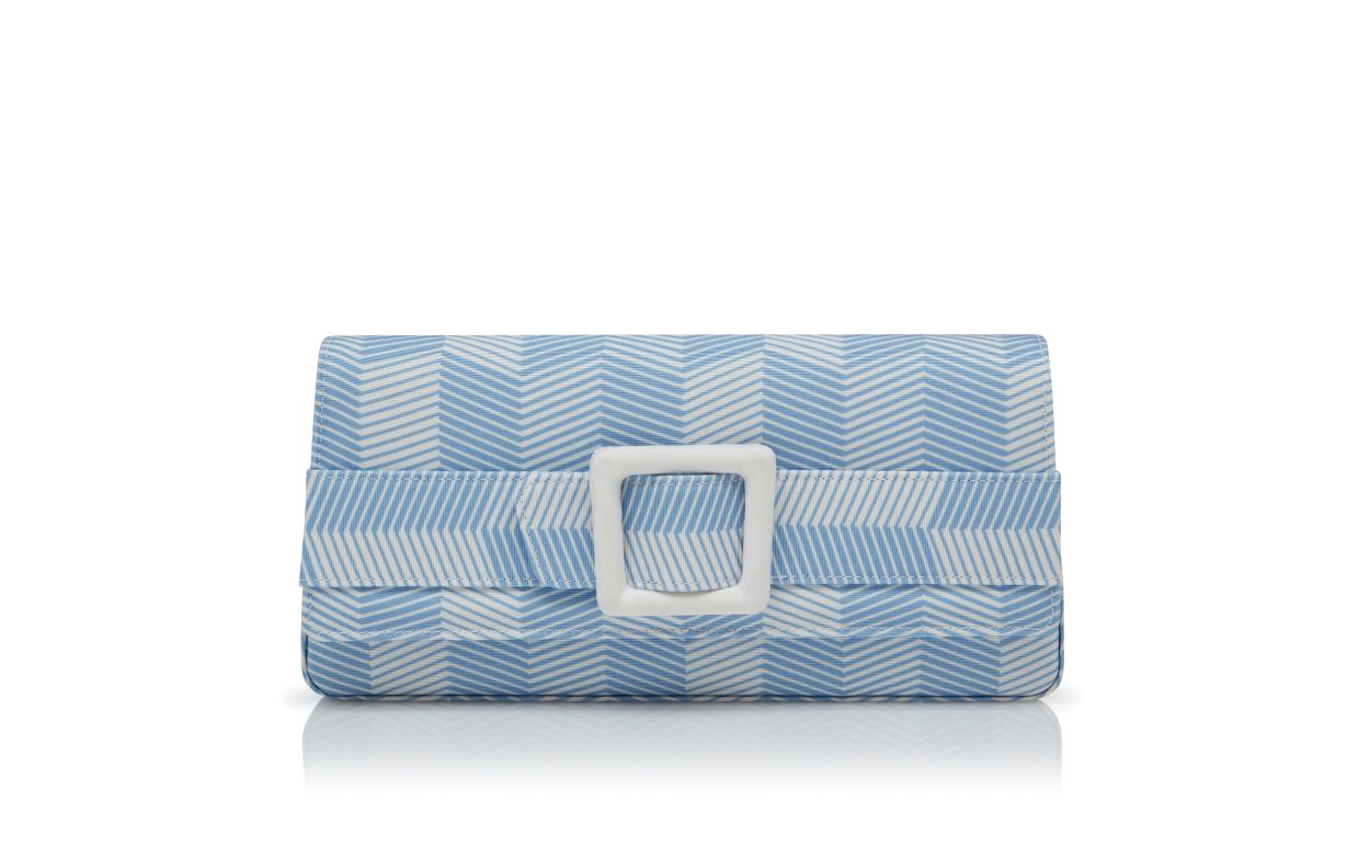 Designer Blue and White Grosgrain Buckle Clutch - Image Side View