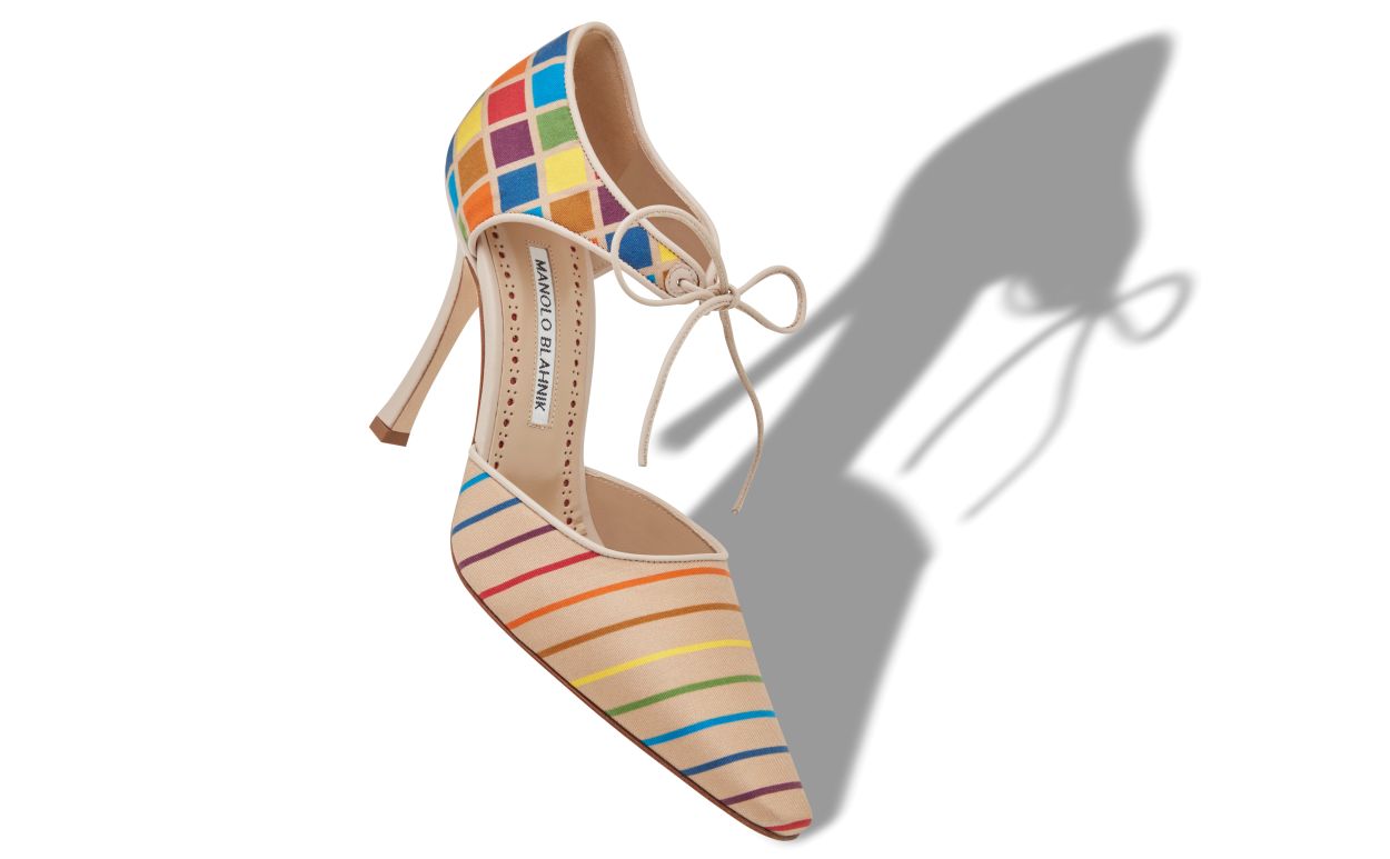 Designer Multicoloured Silk Ankle Strap Pumps - Image small_image