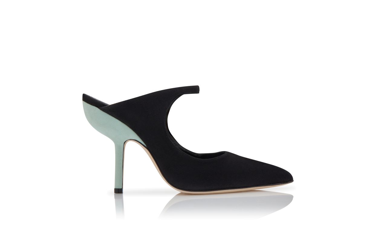 Designer Black and Green Suede Pointed Toe Mules - Image Side View