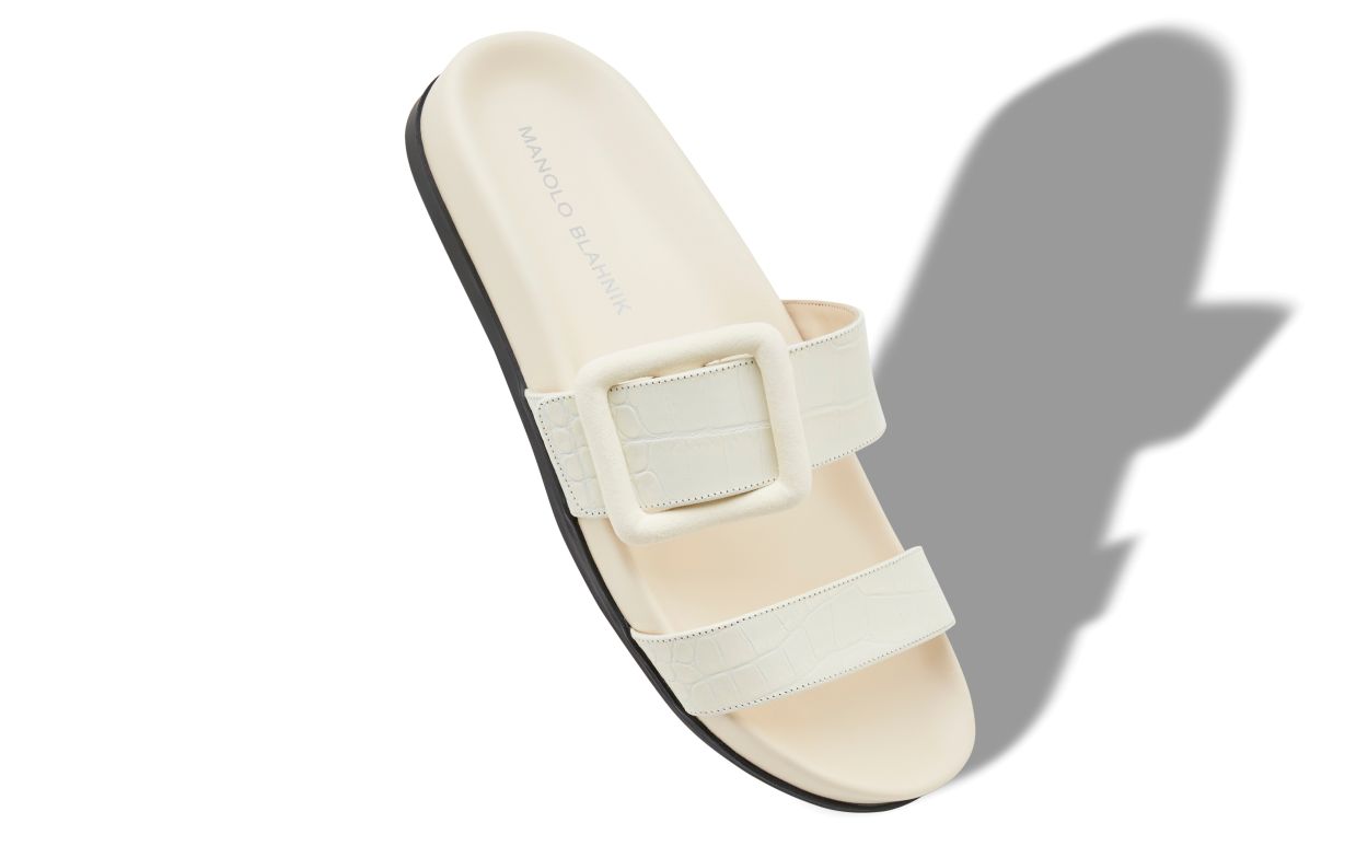 Designer White Calf Leather Buckle Detail Flat Mules - Image small_image