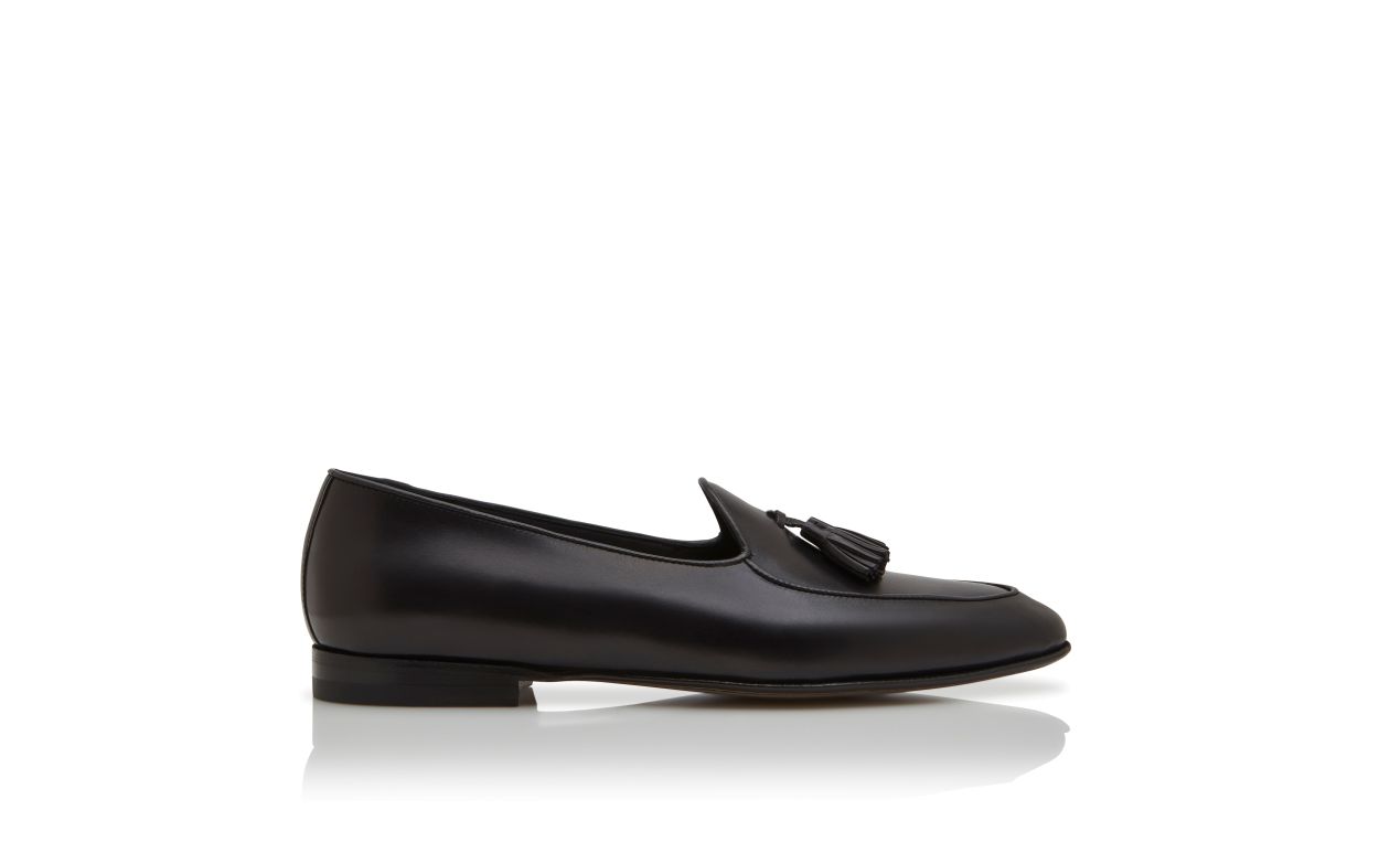 Designer Black Calf Leather Loafers - Image Side View