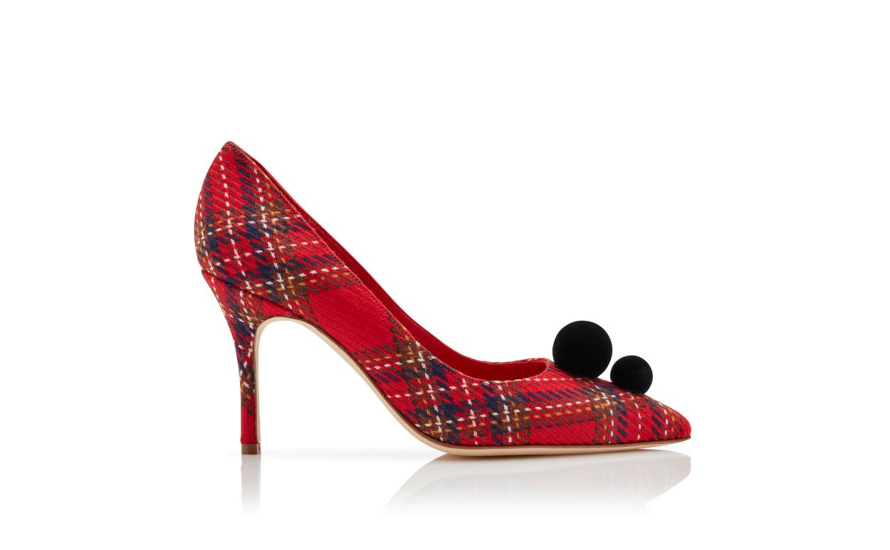 Designer Red Wool Tartan Pom Pom Detail Pumps - Image Side View