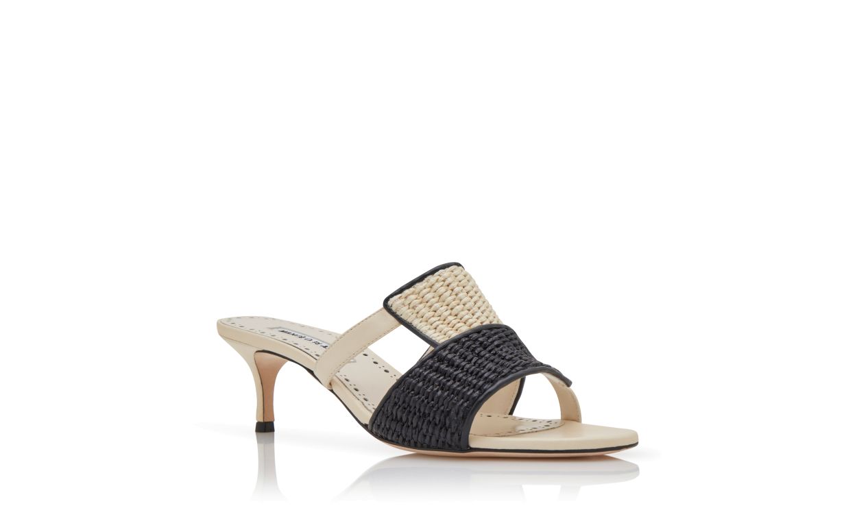 Designer Cream and Black Raffia Open Toe Mules - Image Upsell