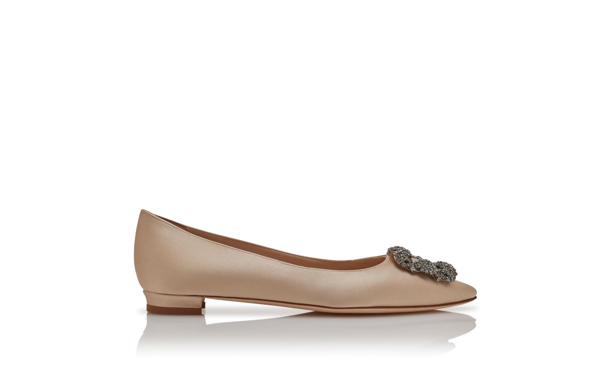 Designer Champagne Satin Jewel Buckle Flat Pumps - Image Side View