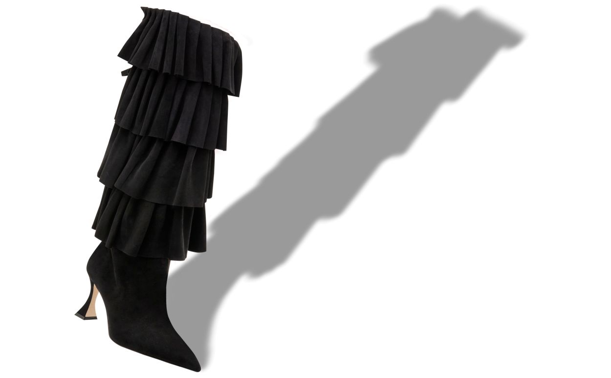 Designer Black Suede Ruffled Knee High Boots - Image small_image