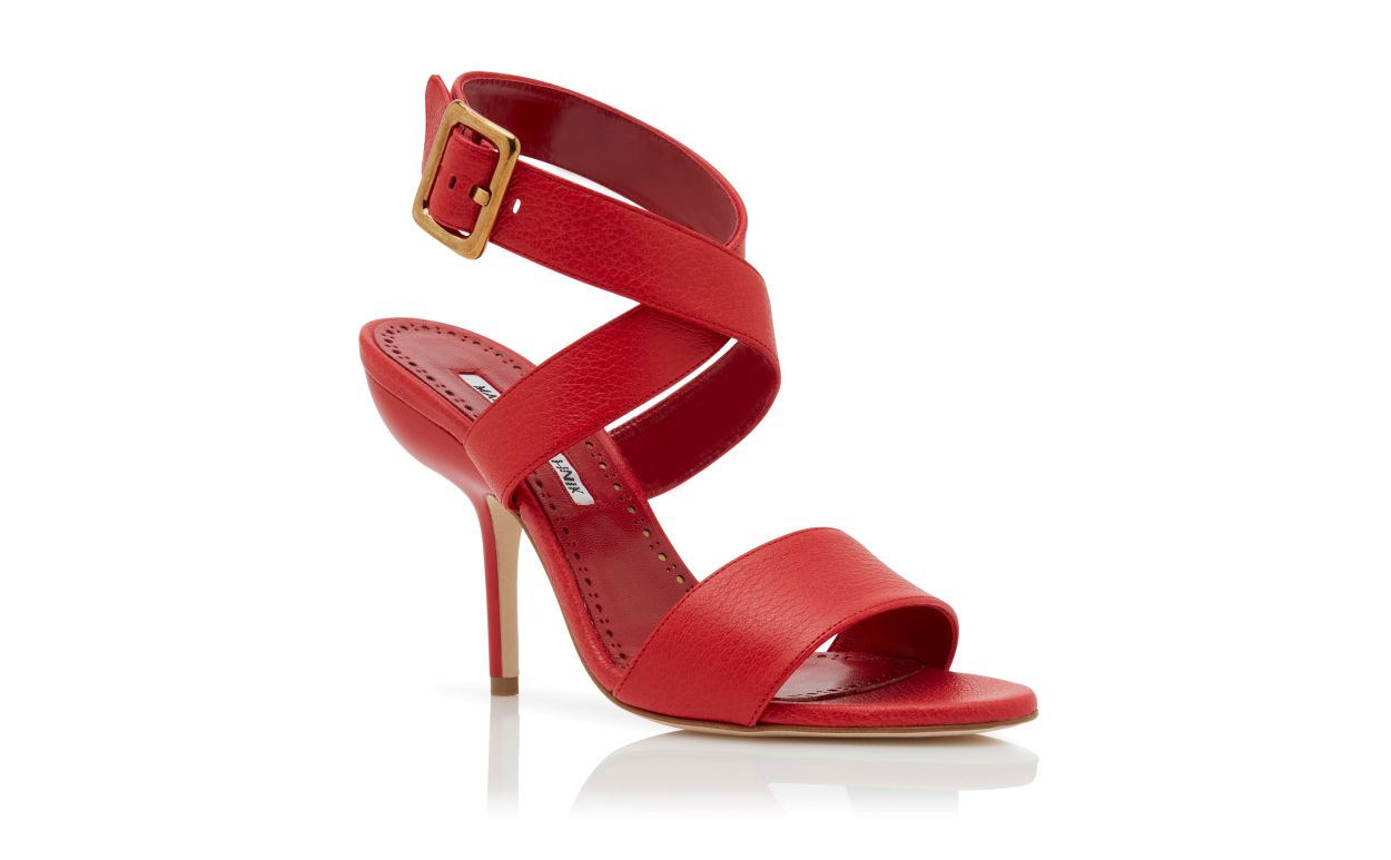 Designer Red Calf Leather Ankle Strap Sandals - Image Upsell