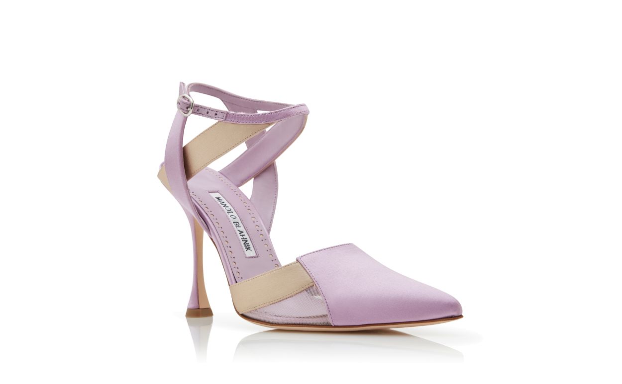 Designer Purple and Beige Satin Crossover Ankle Strap Pumps - Image Upsell