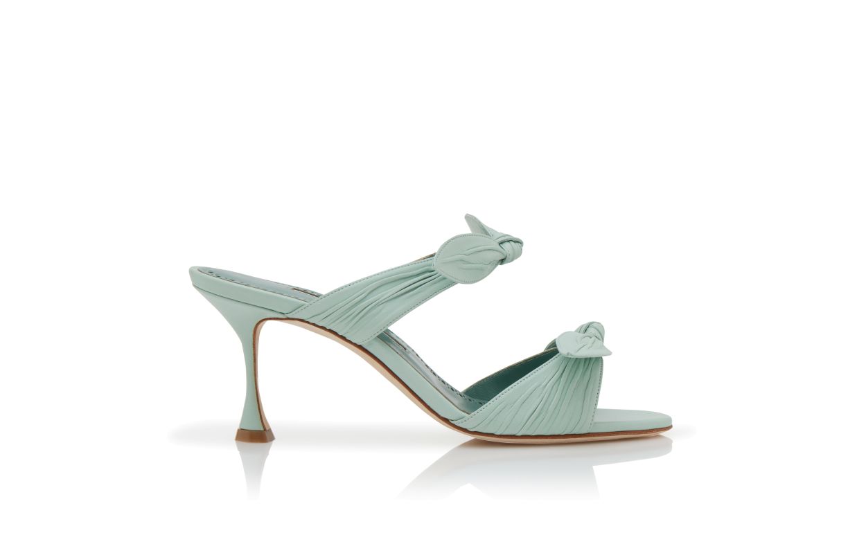 Designer Light Green Nappa Leather Bow Detail Mules - Image Side View