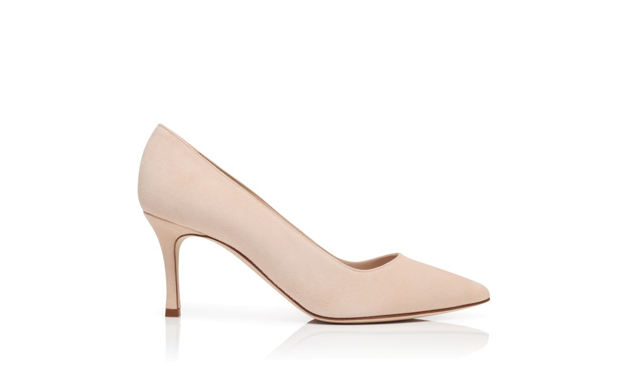 Designer Light Beige Suede Pointed Toe Pumps - Image Side View