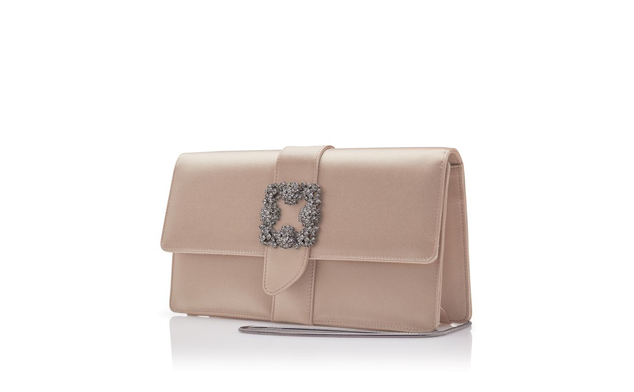 Designer Beige Satin Jewel Buckle Clutch - Image 