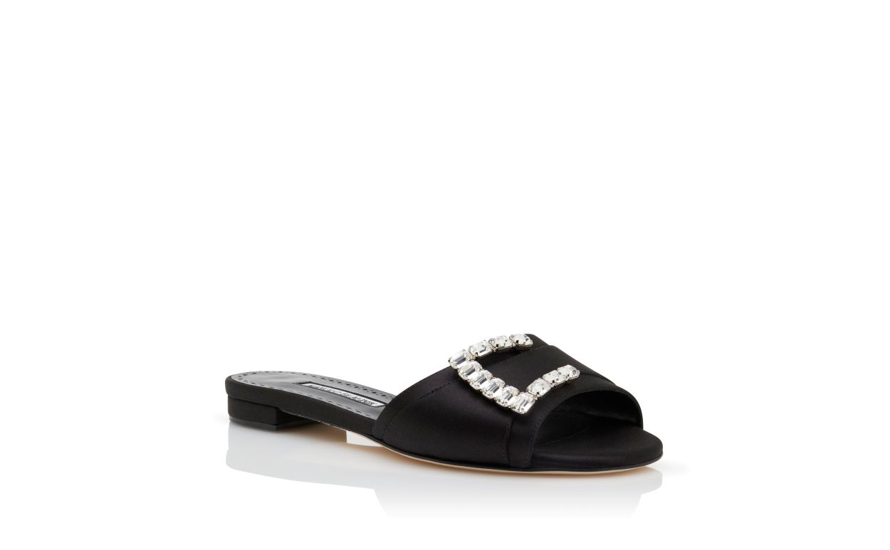 Designer Black Satin Embellished Flat Sandals - Image Upsell