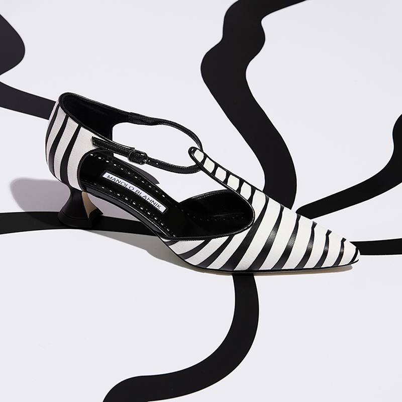 Image of a low heel T-bar shoe with black and white stripes on a white background with black stripes.